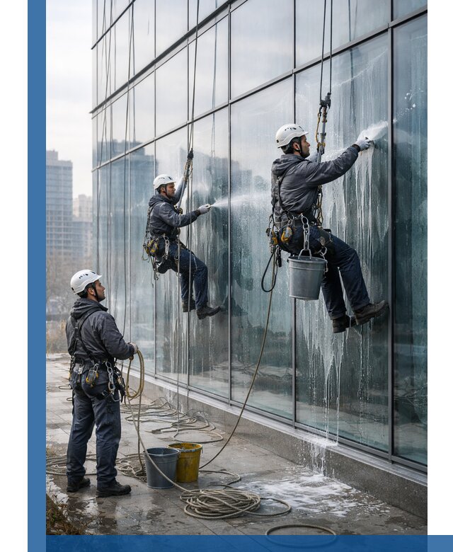 Промышленная мойка панорамных окон на высоте в Солнечногорске