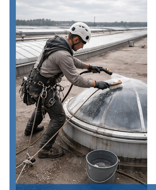 Мойка зенитных фонарей на кровле для промышленных объектов в Солнечногорске