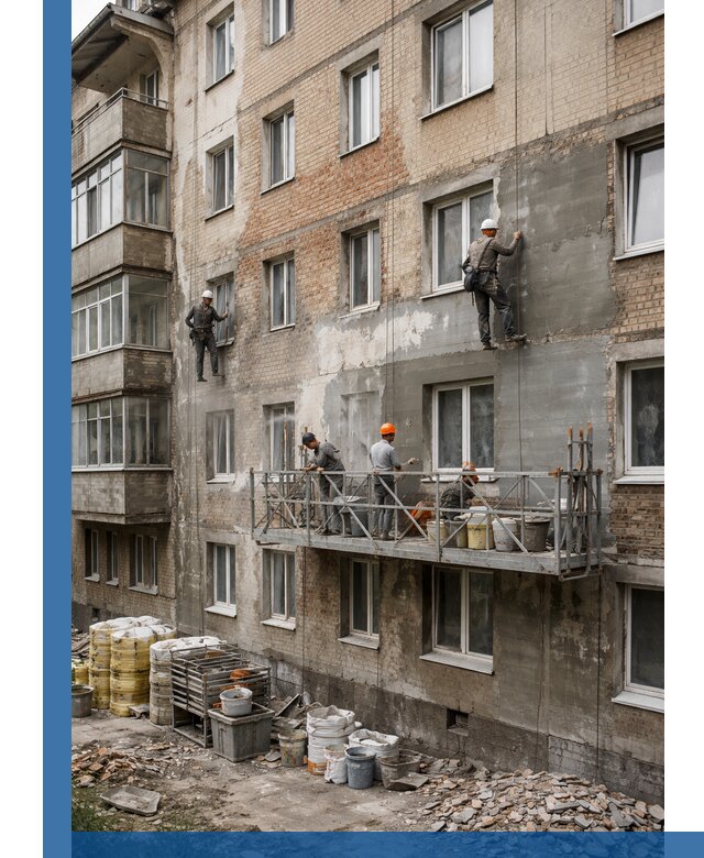 Капитальный ремонт фасада в Солнечногорске с восстановлением и гидроизоляцией