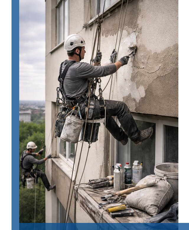Косметический ремонт фасада зданий в Солнечногорске промышленными альпинистами
