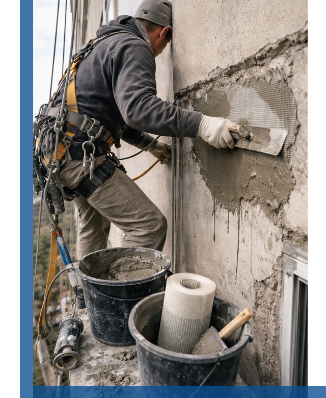 Ремонт бетонных элементов фасада промышленными альпинистами в Солнечногорске