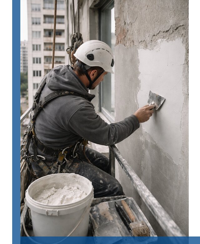 Шпаклевка фасадов на высоте с промальпинистами в Солнечногорске