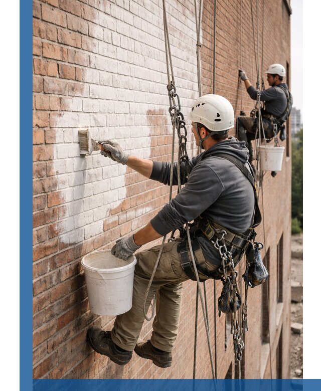 Покраска кирпичного фасада с доступным альпинистским сервисом в Солнечногорске