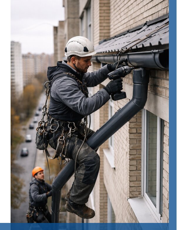 Монтаж водосточной системы на здании в Солнечногорске от 5204 р. | ВЫСОТНИК-Слн