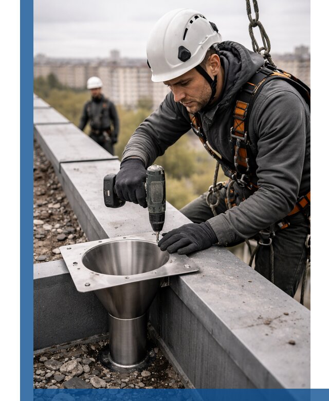 Монтаж водосточных воронок в Солнечногорске для промышленных зданий