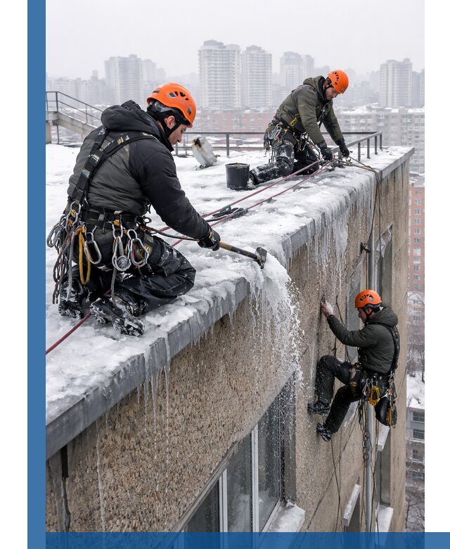 Удаление наледи с кровли в Солнечногорске промышленными альпинистами