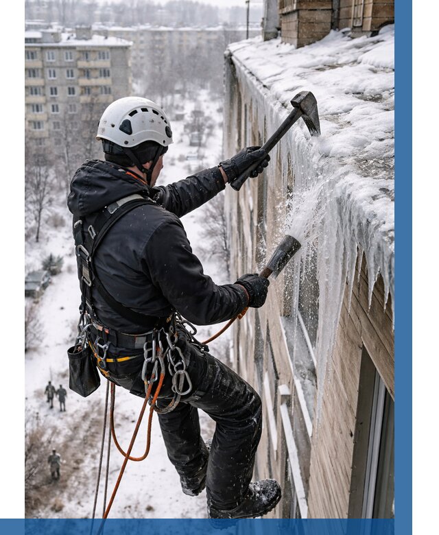 Сбивание сосулек с крыши в Солнечногорске по цене от 4684 р. | ВЫСОТНИК-Слн
