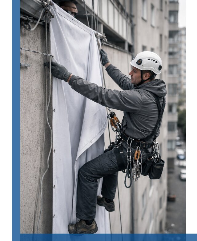 Замена баннерного полотна промышленными альпинистами в Солнечногорске