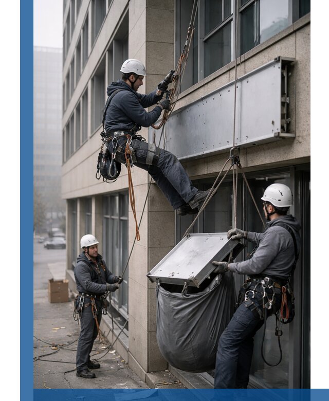 Демонтаж рекламной вывески с высотными работами в Солнечногорске