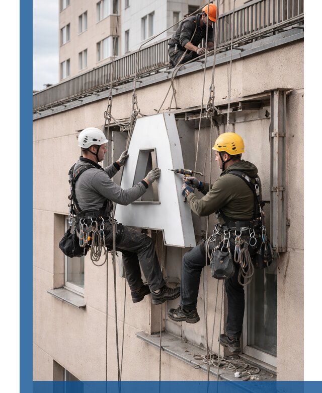 Ремонт и восстановление наружных вывесок на высоте в Солнечногорске
