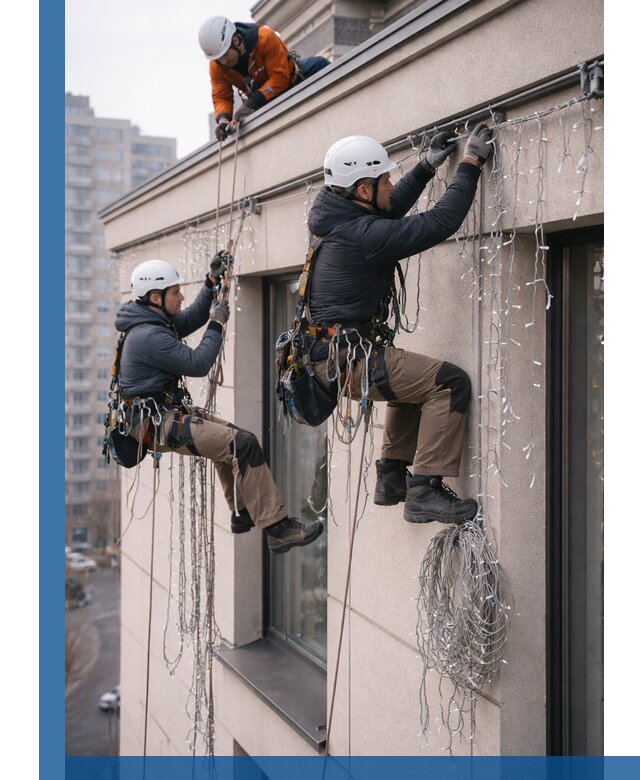 Монтаж праздничных гирлянд на фасаде в Солнечногорске для зданий