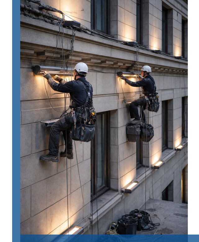 Монтаж архитектурной подсветки фасадов зданий в Солнечногорске