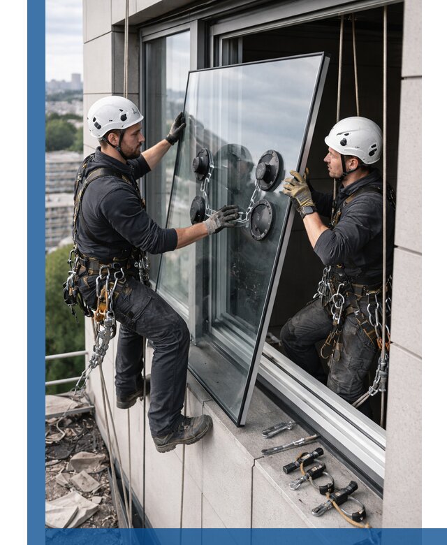 Замена стеклопакетов на высоте с промышленными альпинистами в Солнечногорске