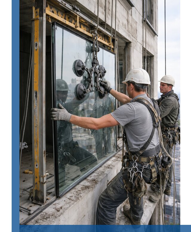 Монтаж стеклопакетов на высоте в Солнечногорске с промышленным альпинизмом