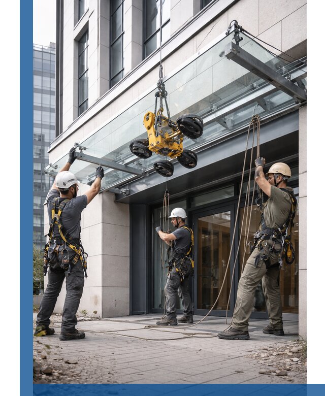 Монтаж стеклянных козырьков под ключ в Солнечногорске для зданий