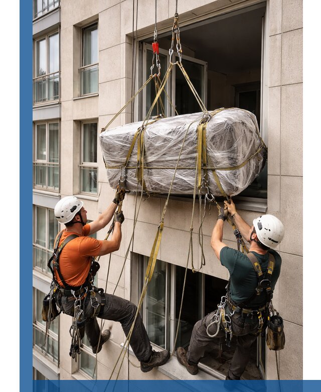 Подъем грузов через окно в Солнечногорске промышленными альпинистами