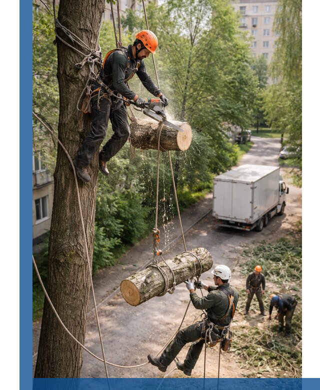 Спил деревьев альпинистами в Солнечногорске, безопасно и без повреждений