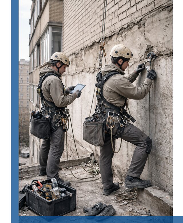 Обследование фасада промышленными альпинистами в Солнечногорске